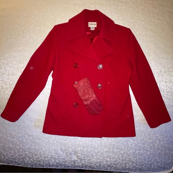 St. John’s Bay Cranberry Double Breasted Wool Pea Coat / Gloves - Picture 8 of 16